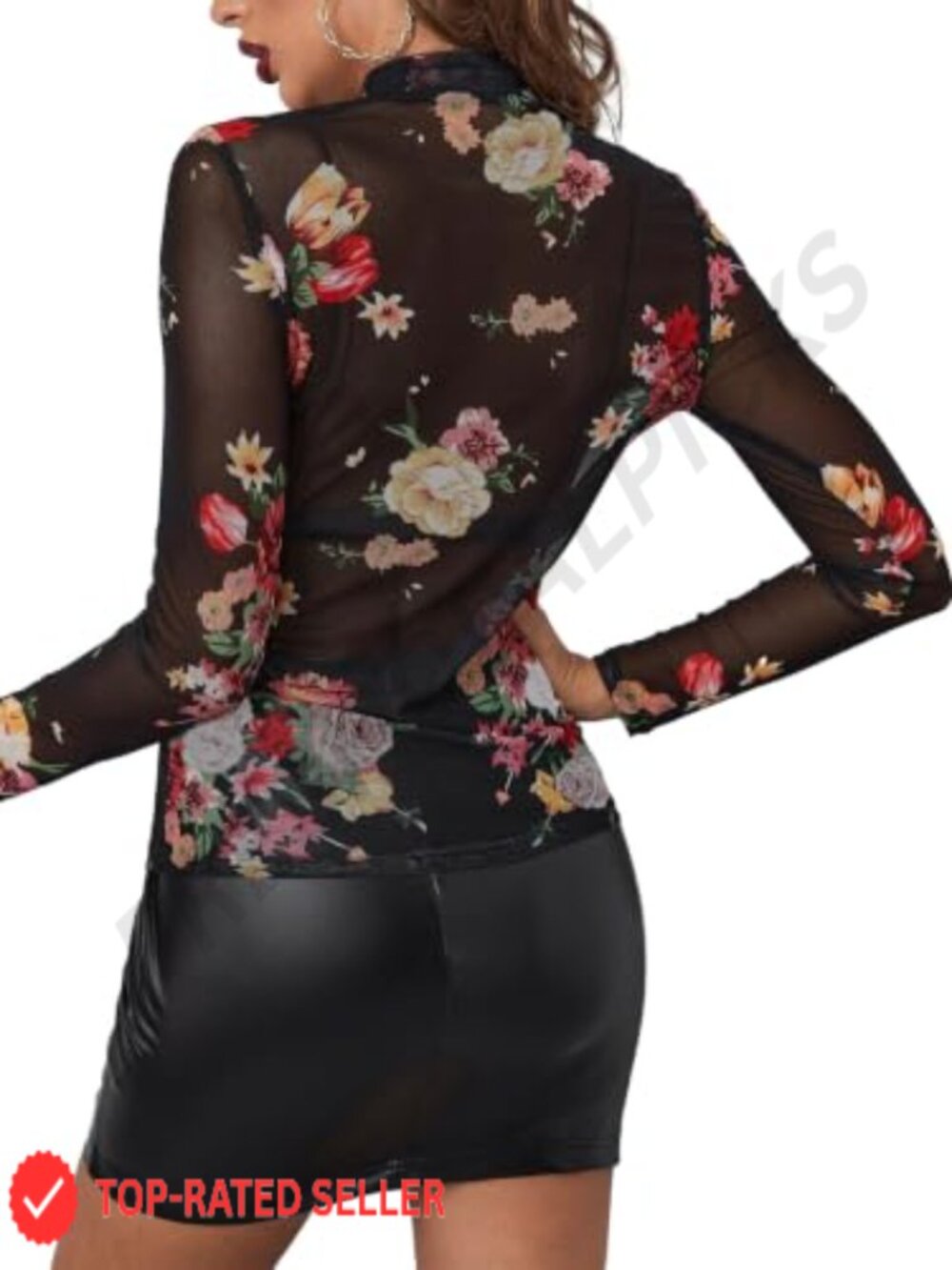 Long Sleeve Mesh Top Sheer Mock Neck See Through Blouse - Picture 3 of 6